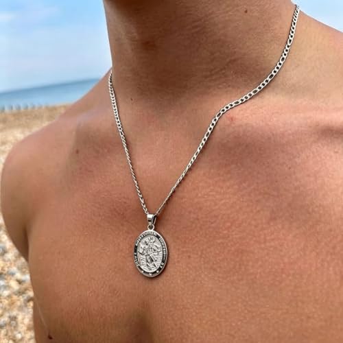 Mens Silver St Christopher Necklace with Adjustable Chain, Travel Amulet