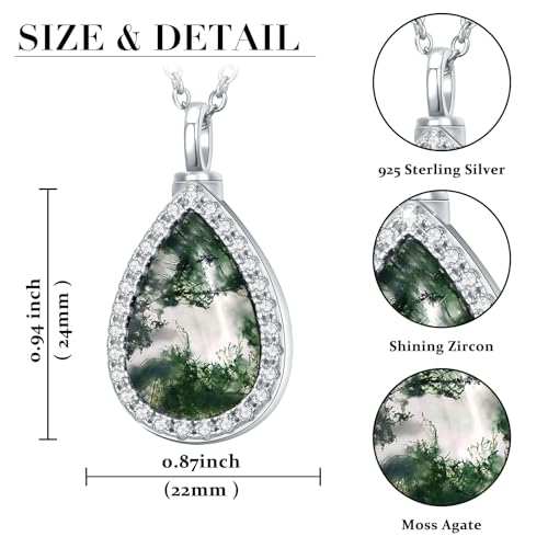 Yearace Urn Necklace for Ashes 925 Sterling Silver Cremation Jewelry Keepsake Pendant Memorial Necklace for Human Pet Ashes Sympathy Gift Jewelry for Women Men Teardrop Moss Agate