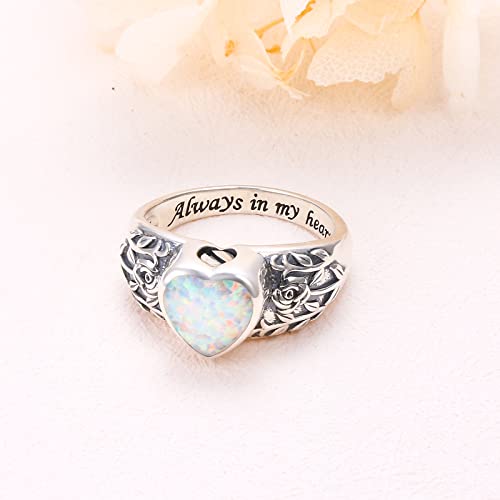 Heart Opal Sunflower Roseflower Tree of Life Urn Ring for Ashes 925 Sterling Silver Cremation Jewelry Ashes Keepsake Ring for Women Memorial Jewelry Bereavement Ring Size 5-10 Heart Opal 10