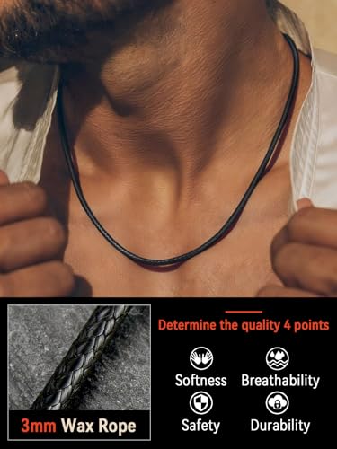 FaithHeart Braided Leather Necklace Cord with Stainless Steel Snap Clasp Length 16 Inches 05. Black 3MM Width-Stainless Steel Lobster Clasp