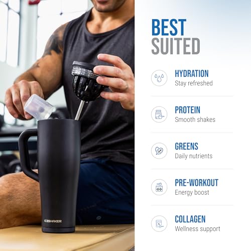 Ice Shaker 40 oz Tumbler with Handle and Straw | 40oz Black | Cold for 30+ Hours | 2-in-1 Tumbler Shaker Bottle | Odor-Free 40 ounce Bottle for Water, Protein Shakes, Smoothies, Cocktails