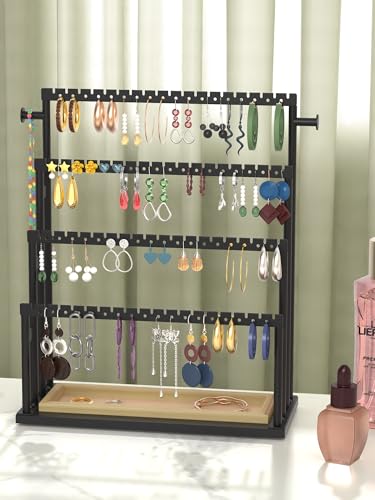 Earring Holder Organizer, 4-Tier Metal Jewelry Display Stand with Wooden Storage Organizer, Large Earring Holder for Studs, Hoops, and Dangles, Modern Jewelry Organizer for Women 4-Tier Stair-Step