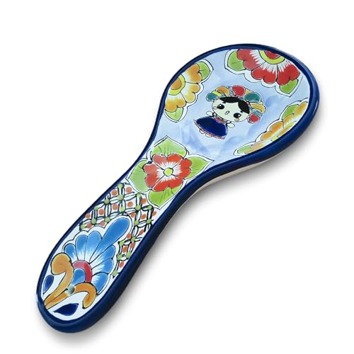 Large Mexican Talavera Ceramic Spoon Rest | Lele Doll design Hand-Painted, Utensil Rest for Spoons Ladles, Tongs or Spatula | Lead-Free, Dishwasher Safe | Lovely Mexican Gift