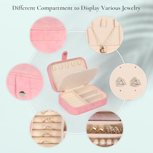 Hatori Travel Jewelry Box, PU Leather Small Jewelry Organizer for Women Girls, Double Layer Portable Mini Travel Case Display Storage Holder Boxes for Stud Earrings, Rings (Pink Beige) Pink Beige