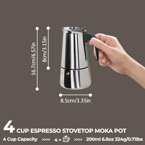 Stainless steel Mogrecha 4-cup (200ml) stovetop espresso moka pot for brewing rich coffee.