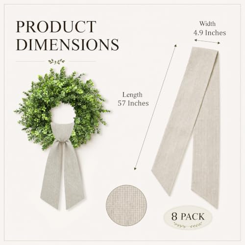 8 Pcs Linen Wreath Sash for Front Door, Embroidery Blank Wreath Sashes, Burlap Sash Ribbons Accessories for Flower Bouquet Party Garlands Yard Doorway Wedding Xmas Decor, 4.9 x 57 Inches Burlap-8pcs
