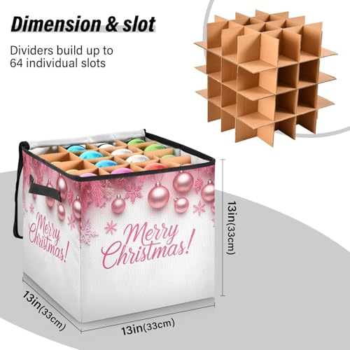 Merry Christmas Pink Christmas Ornament Storage Box with Dividers, Holds up to 64-3" Holiday Ornaments, Collapsible Xmas Decoration Container with Lid & Handles, 13x13 Inch