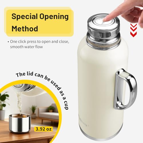 34oz Retro Classic Thermoses – Upgraded Leakproof Mechanical Temp Gauge & Polished Handle Stainless Steel Water Jug for Home, Office, Camping Keeps Cold 36h Hot 24h White