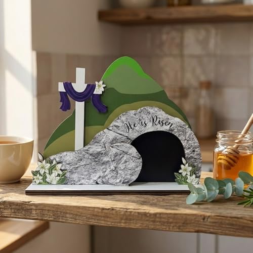 He is Risen Easter Nativity Set - Empty Tomb Decor with Stone Texture & Scripture Verse | Christian Easter Tabletop Display for Home, Church Altar | Religious Resurrection Decorations He is Risen