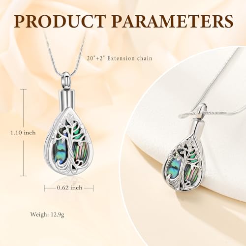 Cremation Jewelry Tree of Life Teardrop Urn Necklace for Human Ashes for Women Men Abalone Shell Memorial Ashes Keepsake Pendant Silver