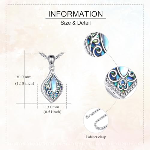 ONEFINITY Urn Necklaces for Ashes 925 Sterling Silver Filigree Moonstone/Teardrop Turquoise Necklace for Ashes Keepsake Memorial Cremation Jewelry for Ashes for Women Lady Filigree Moonstone Abalone
