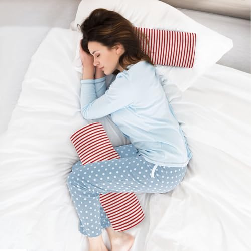 Red White Stripes Neck Roll Pillow - Extra Dense Memory Foam Round Cylinder Bolster for Cervical Support, Spondylosis, Neck Pain Relief Red Stripes
