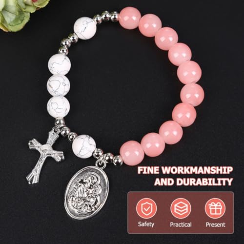 TEHAUX Rosary Beaded Bracelet for Women with Cross Pendant, Glass and Alloy Material, Not Easy to Break and Fade, Smooth Surface, Excellent Luster, Gift for Valentines Day or Mother's Day