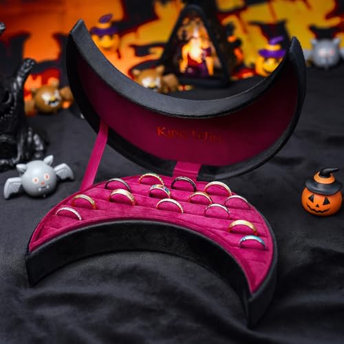 Black and red moon-shaped men's velvet jewelry box organizer for multiple rings, featuring a stylish compact design.