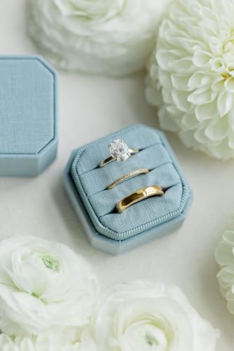Linen Wedding Ring Box, Linen 3 Slot Engagement, Wedding Day Ceremony and Detail Photos, Removable Lid, Square Ring Box, 2"x2"x1.75" (Dusty Blue) Dusty Blue