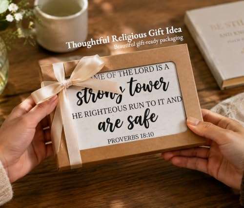 Christian Desk Decor, Proverbs 18:10 Bible Verse Rustic Farmhouse Wood Block Sign, Inspirational Gift for Women & Men, Perfect for Daily Encouragement -A64