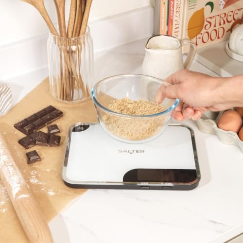 Salter 1064 WHDR Digital Kitchen Scale - 5kg Capacity, Easy Read Display, Add &Weigh/Tare Function, Measure Liquids in ml/fl.oz, Glass Platform for Baking & Cooking, Batteries Included, 17 x 23 x 1cm 5 KG Kitchen Scale and Chopping Board