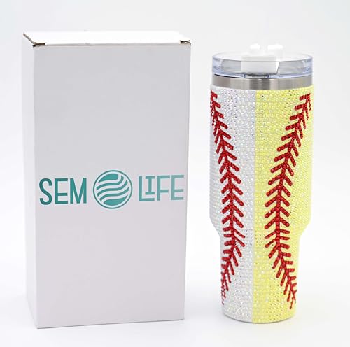 Baseball Softball 40 Oz Rhinestone Bling Tumbler Cup Handle Straw
