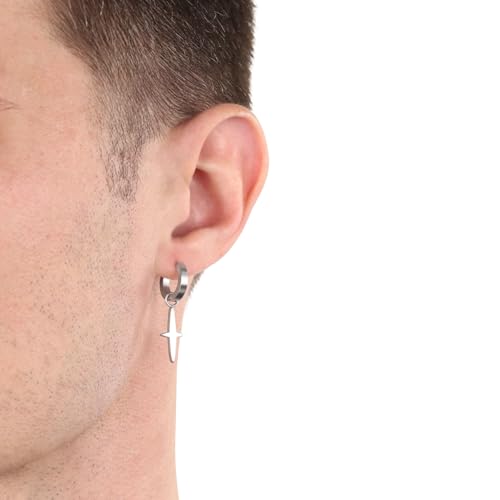 AMOR - AMR-E0131 Men's Stainless Steel Earrings - Silver - Cross Hoop Earrings