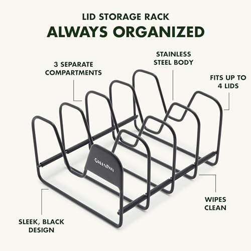 GreenPan Stainless Steel Wire Pots and Pans Lid Storage Rack, Holds 4 Lid Covers, Easy Storage, Countertop or Cabinent Organizer, Minimizes Clutter, Fast Drying, Wipes Clean, Black
