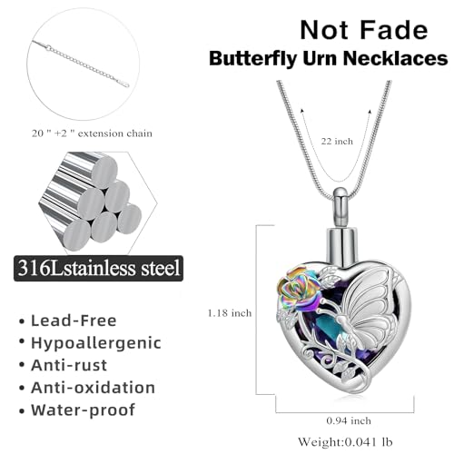 Hearbeingt Butterfly Heart Urn Necklace for Ashes Crystal Cremation Jewelry Purple-Colorful