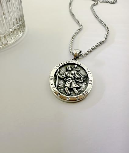 Saint Christopher Necklace Coin Necklace, St Christopher Medal Bless Safety Religious Pendant Necklace for Men Women