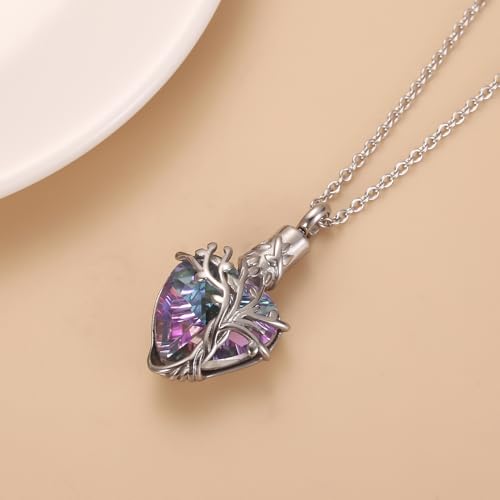 Crystal Heart Cremation Jewelry For Ashes Of Loved Ones Tree Of Life Urn Ashes Necklace For Women Stainless Steel Keepsake Memorial Pendant Purple