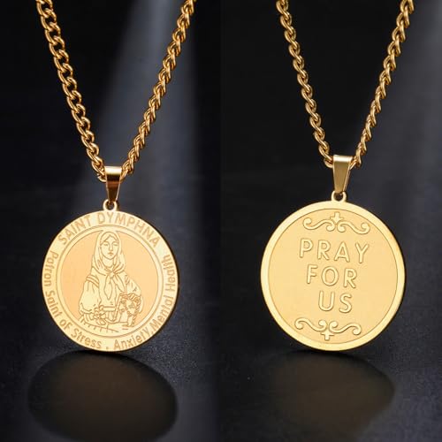 TEAMER Dainty Saint Dymphna Medal Necklace Patron Saint Pendant Stress Anxiety Mental Health Religious Jewelry with Protective Amulet Gold