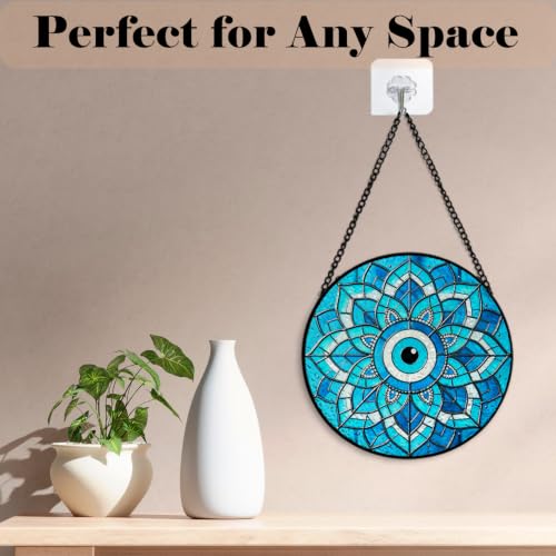 GZV Blue Evil Eye Stained Glass Window Hanging Suncatcher 7.9in