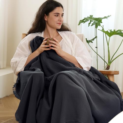 MooMee 100% Cotton Muslin Blanket, Fringed 4-Layer Gauze Bed Couch Throw Dark Grey