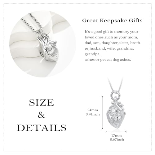 Anatomical Heart Cremation Jewelry Ashes Pendant for Human Pet Funeral Urn Necklace for Ashes Women Men Memorial Urn Jewellery silver