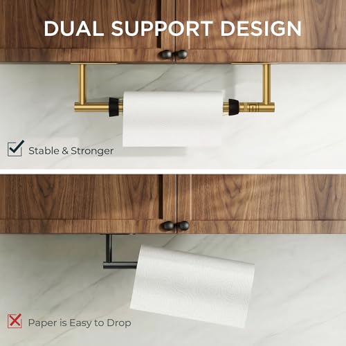 FORIOUS Paper Towel Holder Under Cabinet, Single Hand Tear, Brushed Gold One-Handed Tear (Upgraded)