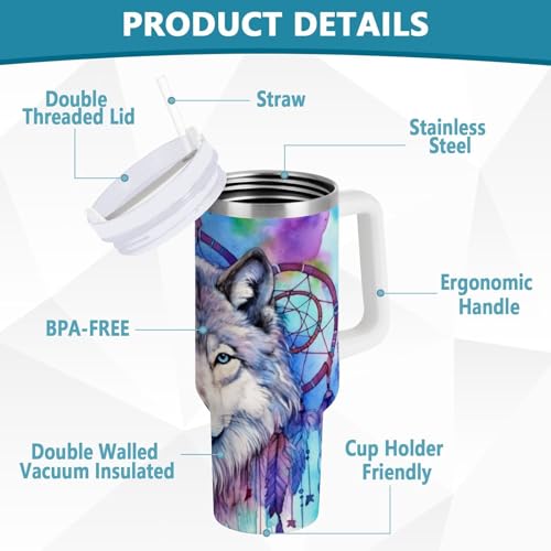 YETTASBIN Wolf 40 oz Tumbler with Handle, Stainless Steel Vacuum Insulated Sports Water Bottle, Leak-proof Travel Coffee Mug Cup with Lid and Straw for Water, Iced Tea or Coffee 40 Ounces