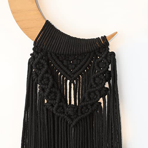 Macrame Wall Hanging Boho Moon Decor, Crescent Wooden Ornament with Tassel Black