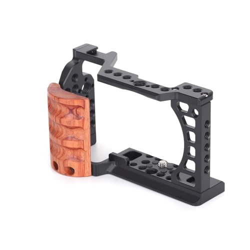 Frame Cage for Sony Alpha A6400/A6500/A6300/A6100/A6000 Camera, Full Protection Frame Rabbit Cage with Multiple 1/4" 3/8" Screw Holes, Cold Shoe and Arca Quick Release Plate & Wooden Handgrip