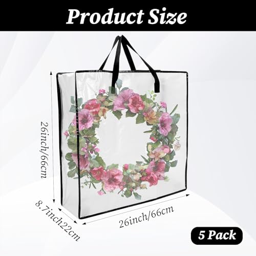 5 Pack Moving Bags, Wreath Storage Bag, Garland Container, Clear Storage Bags with Handles and Zippers Moving Bag for College Carrying, Bedding, Gift Organizer, Under the Bed Storages