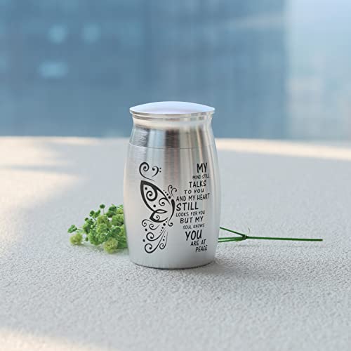 My Mind Still Talks to You - 3 Inch Small Aluminium Mini Cremation Urn for Ashes, Family Memorial Keepsake Butterfly-Silver