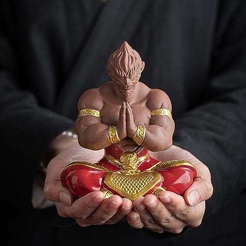 Sun Wukong Statue, Ceramic Monkey King Buddha Monk Figurine, 5.5" H Red