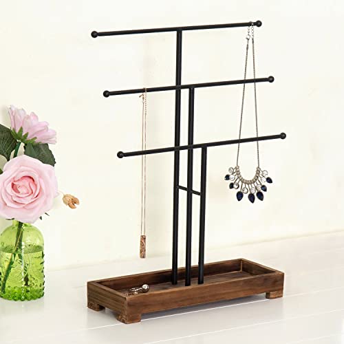 MyGift 3-Tier Black Metal T-Bar Jewelry Organizer Stand, Necklace and Bracelet Hanging Display with Brown Wood Ring Tray Black / Brown