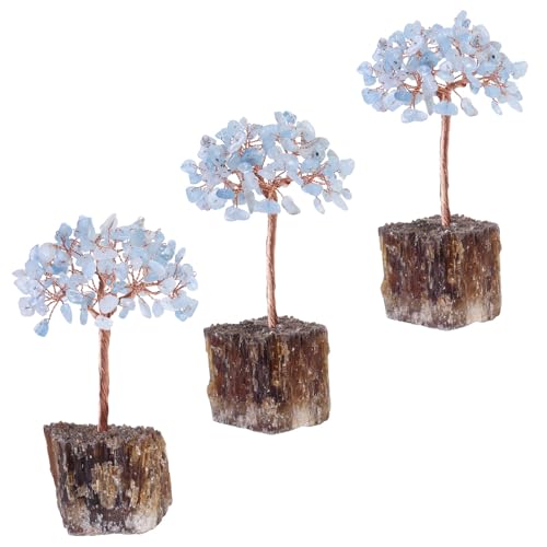 Nupuyai Rough Amber Calcite Base with Crystal Tree Handmade Wire Wrapped Tree of Life Feng Shui Money Tree Decor for Window Tabletop, Aquamarine Blue Blue Aquamarine Stone