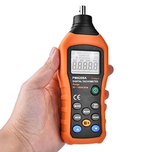 Digital RPM Meter, PEAKMETER PM6208A Contact Tachometer Gauge Motor LCD Backlight Display Accuracy Speed Meter Handheld Tester