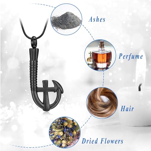 Cross Urn Necklace for Ashes Fish Hook Cremation Urn Pendant Fishing in Heaven Memorial Keepsake Jewelry for Men Black