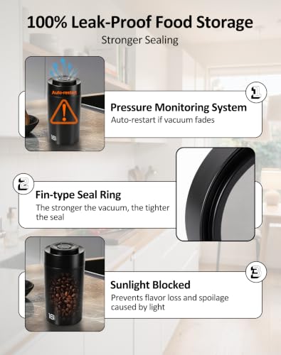 Black ROTTOGOON auto vacuum coffee canister with 1.3L capacity, electric coffee bean storage container, sleek kitchen storage.