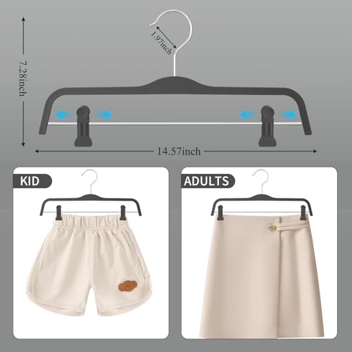 Set of 10 HUADYMEET 14-inch grey skirt hangers with adjustable clips for organizing and displaying pants and skirts.