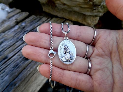 Saint Bernadette Necklace, Patron Saint Necklace, Double-sided Our Lady of Lourdes on the reverse, 20" Stainless Steel Venetian Box Chain