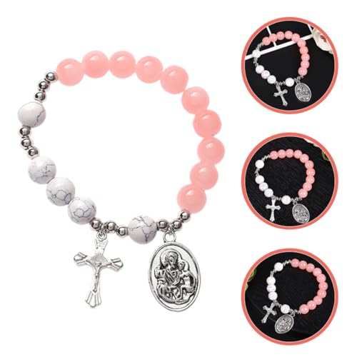 Ipetboom Pink and White Beaded Cross Bracelet for Women Religious Rosary Jewelry Strand Bracelet