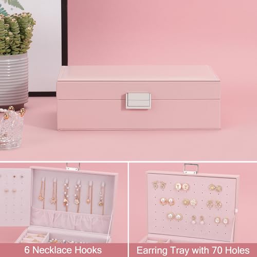 DesignSter Jewelry Box for Woman, 2 Layers Leather Jewelry Organizers and Storage with 8 Small Jewelry Pockets，Jewelry Box for Earrings Necklaces Bracelets with Cleaning Cloth Rings(Pink) Pink