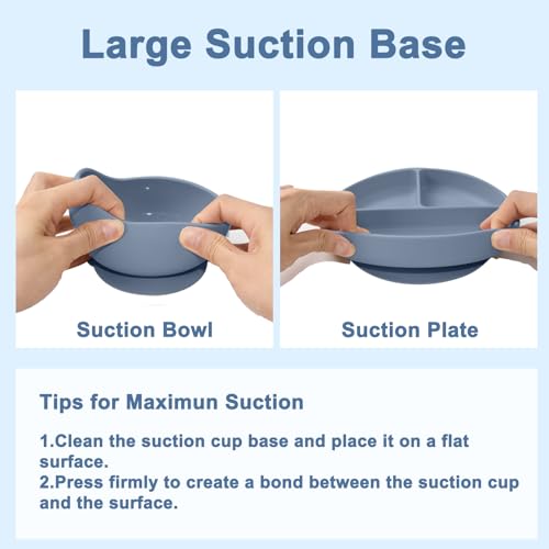 Silicone Baby Feeding Set 14 Pcs,Baby Led Weaning Supplies, Baby Spoons Suction Bowl Divided Plate Bib Cup Finger Brush,First Stage Solid Food Eating Utensils - 6+ Months(Blue Gray) Blue Gray