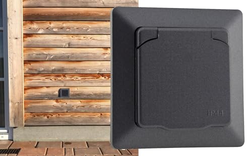 Milos Socket Switch Button Sets I Anthracite | With protective flap, 230 V protective contact, for wet rooms, bathrooms, outdoor areas