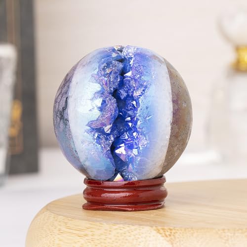 TUMBEELLUWA Healing Crystal Druzy Geode Sphere with Wooden Stand Blue 2.01-2.36" (51-60 mm)